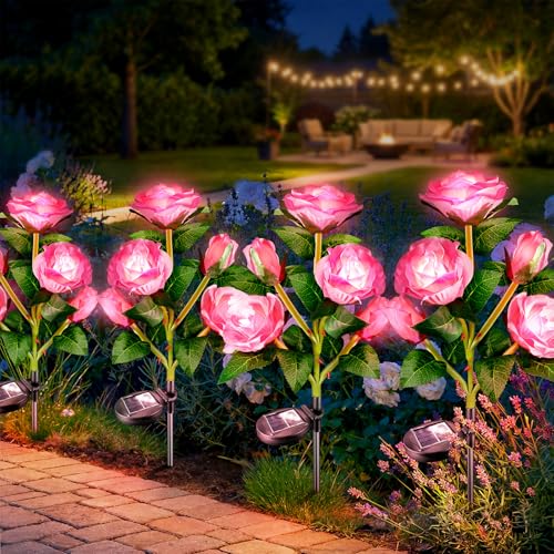 Anordsem Solar Garden Lights Outdoor: 20 Waterproof Fabric Roses 4 Pack - Pink LED Flower Decorations for Yard Patio Path Cemetery Grave - Birthday Gifts for Women Mom Wife - color: Pink, size: 4 Pack
