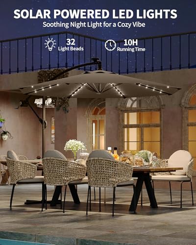 Jojoka 10FT Cantilever Patio Umbrella with Solar LED Lights - Offset Outdoor Umbrella - Easy Lift & Tilt - UV Protection - Fade Resistant - Ideal for Deck, Pool, Garden - color: Tan