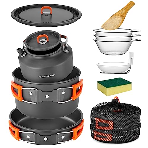 Odoland 10pcs Camping Cookware Camping Pots and Pans Set with Kettle Plastic Bowls and Soup Spoon for Camping, Backpacking, Outdoor Cooking and Picnic - size: 2l Pot + 0.7l Fry Pan + 1.1l Kettle