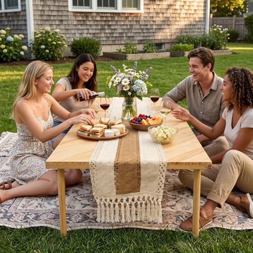 Boho Picnic Table, Portable Low Floor Sitting Table, Outdoor Folding Low Picnic Table for 6 Person, Wooden Low Table with Table Runner for Backyard, Beach, Camping, Wedding