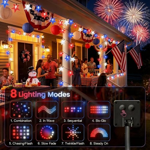 4th of July Twinkle Solar Star String Lights Decorations Outdoor Waterproof Fairy Lights 39FT Red White and Blue 100 LED with 8 Lighting Modes for Independence Day President Day Memorial Day - color: Red-Blue-White