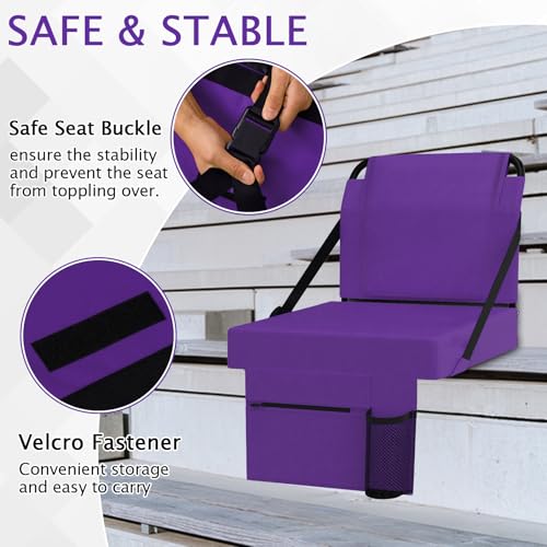 2pcs Stadium Seat for Bleachers with Back Support，Portable Bleacher Chairs with Back and Cushion，Includes Shoulder Strap and Cup Holder - color: Purple,2 Pack