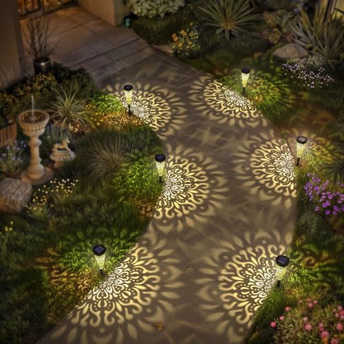 gardencave 6 Pack Solar Lights Outdoor Garden Decorative Mandala Solar Pathway Lights Waterproof Plastic Outside Solar Path Landscape Lights Gardening Gifts for Women Mom Backyard Walkway Yard Decor - color: Black-a
