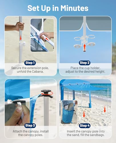 Rhino Valley Beach Cabana, 120 Sq. Ft Beach Canopy UPF50+ Protection, Easy Setup & Adjustable Height Beach Tent Sun Shelter with Cup Holder, Portable for 4-8 People, Blue - color: Blue