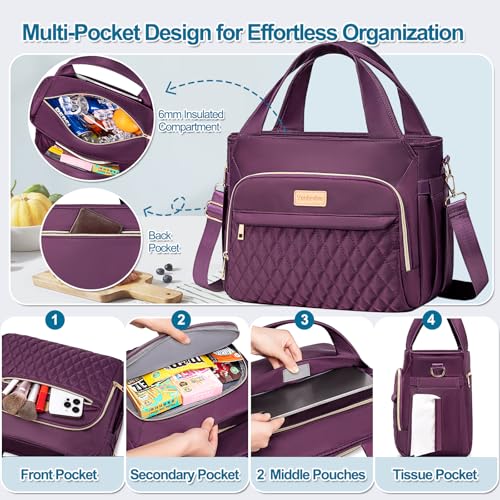 Lunch Bag Lunch Box Women - Insulated Lunch Tote Bag for Women Men, Leakproof Large Womens Lunch Bags for Work, Lunch Cooler Bag for Adult with Side Pocket for Picnic, Hiking, Beach (Purple) - color: Purple