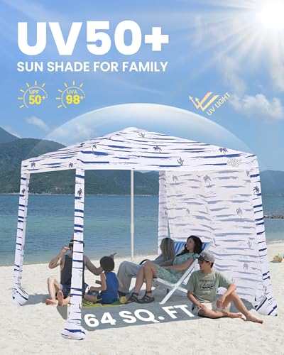 Qipi Beach Cabanas for Sand, Beach Canopy with Sandbags & Side Wall for Family, Easy Set Up Sun Shelter, UPF 50+ UV Protection with Roof Vent - color: 8' x 8' Navy Sailor Dual-Fold