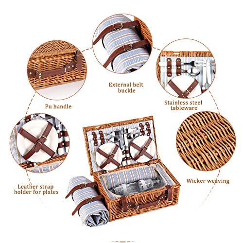 Picnic Basket for 4 Persons with Waterproof Picnic Blanket and Insulated Cooler, Large Wicker Picnic Basket for Camping, Outdoors, Valentine's Day, Christmas, Birthday, Wedding Gift - color: Green Stripes