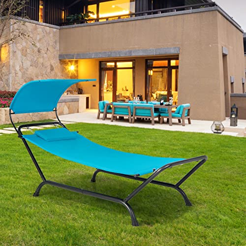 Tangkula Hammock with Stand Included, Heavy Duty Outdoor Hammock with Adjustable Canopy, Rustproof Metal Stand, Pillow, Storage Pocket, Hammock Bed with Stand for Backyard Lawn Poolside (Blue) - color: Blue