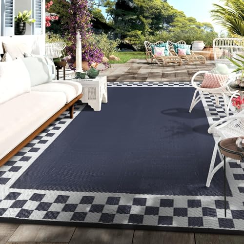 10x14 Large Outdoor Rug Waterproof Weather Resistant Patio Rug with Stakes & Carry Bag, Reversible Plastic Straw Modern Outdoor Carpet for Garden Backyard Balcony RV Mat Blue White - color: Border1|blue White, size: 10' x 14' (Rectangular)