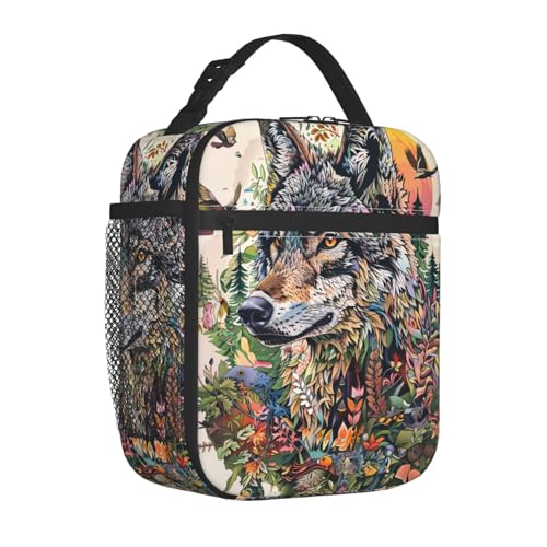 Reusable Cool Wolf Lunch Box for Kids Girls Boys Women Adult, Insulated Artistic Forest Lunch Bag,Polyester Cooler Animal Handbags Case for School Picnic Work Travel Beach or Hiking - color: Wolf 03