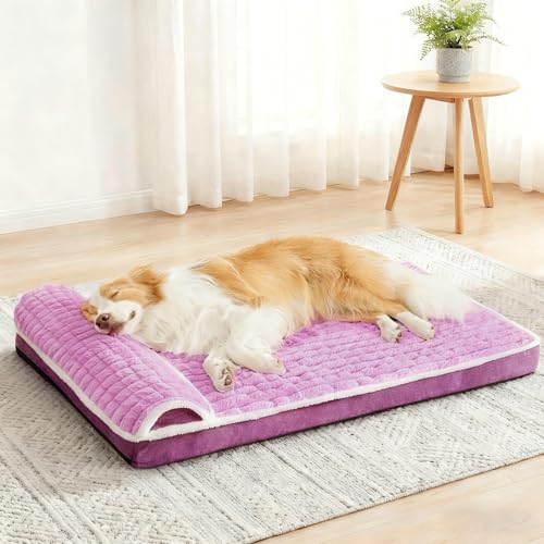 Orthopedic XL Dog Bed Large Sized Dog with Pillow 42''X28'', Waterproof Soft Comfortable Egg Crate Foam Pet Crate Beds Mat with Removable Washable Cover and Non-Slip Bottom, Lilac - color: Lilac, size: 42"l X 28"w X 3.5"th