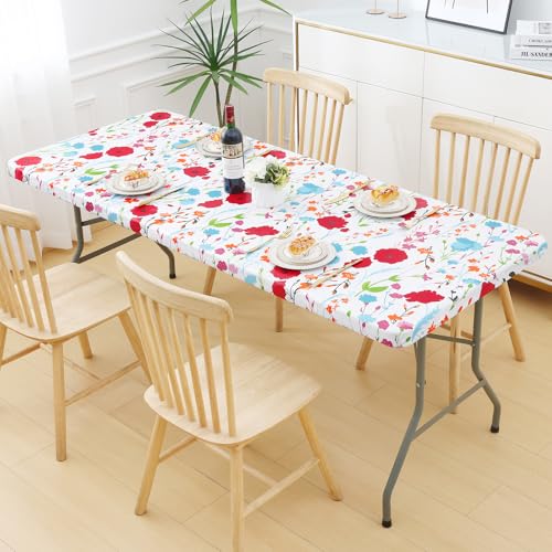 misaya 2 Pack Vinyl Tablecloth, Fitted Table Cover, 100% Waterproof, Elastic Edge, Flannel Backing, Plastic Table Cloth Fit 6 Foot Folding Tables for Picnic, Camping, Outdoor (Flowers, 30x72 inch) - color: Off White, size: 72" X 30" (Rectangular)- 2 Pack