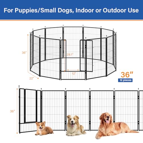Dog Playpen 36 inch 12 Panels for Indoor & Outdoor Use – Heavy-Duty Metal Pet Fence with Ground Stakes, Rounded Ball Tops for Safety, Stable & Foldable Design, Easy to Assemble - size: 36inch, style: 12 Panels