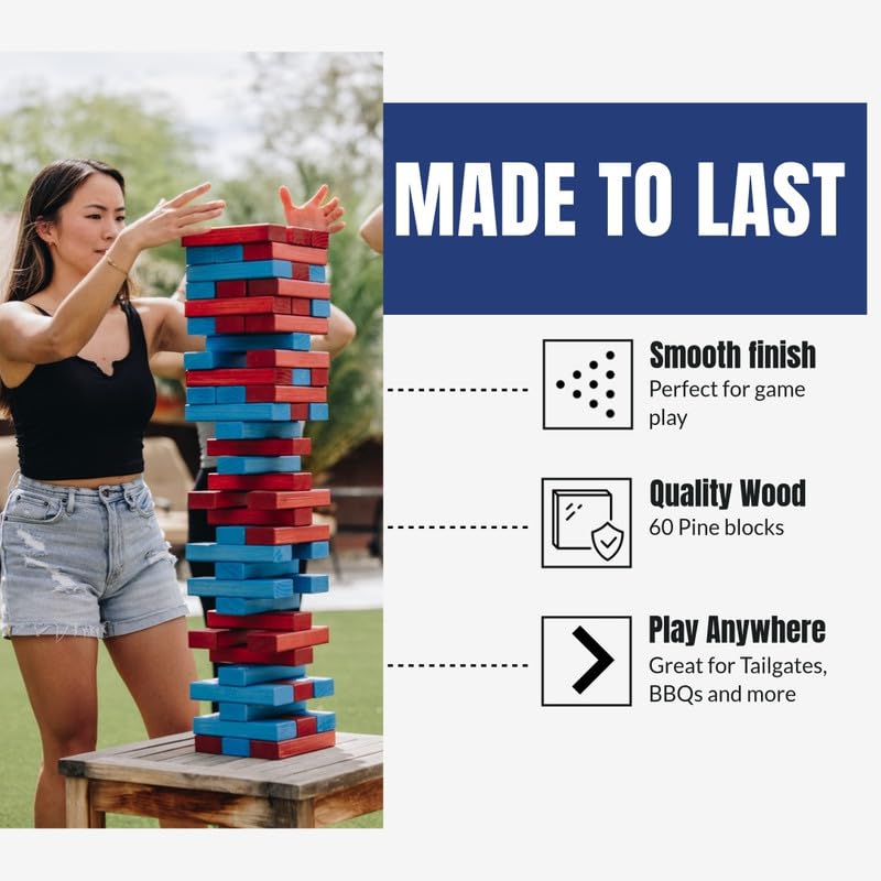 Tailgating Pros Premium Giant Toppling Timbers with Carrying Case – Choose Your Team Colors! Jumbo Outdoor Yard Game, Tower Grows to Over 5 Feet! - color: Navy/Orange