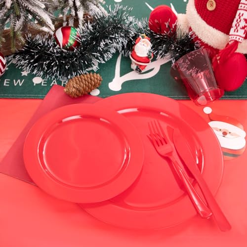 Gather 176 Pieces Red Plastic Plates- Red Heavy Duty Disposable Plates Dinnerware 50Plates, 75 Plastic Silverware, 25 Napkins, 25 Cups Bonus 1 Red Plastic Tablecloth for Party& Wedding &Mother's Day - color: Red, size: 25 Guests