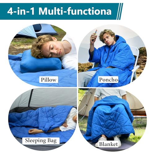 Camping Outdoor Blanket, Ultralight Down Alternative Printed Travel Camp Blankets for Sleeping Packable Waterproof Puffy Quilt for Hammock Picnic Stadium Beach Cold Weather (Blue Blanket Poncho) - color: Blue Blanket Poncho
