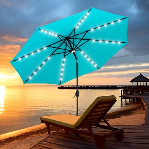 GDY 10Ft Patio Umbrella, Table Umbrella with 40 LED Lights, Outdoor Umbrellas for Patio, with Tilt and Crank, Center Light, for Garden, Deck, Backyard, Pool, and Beach. - color: Blue