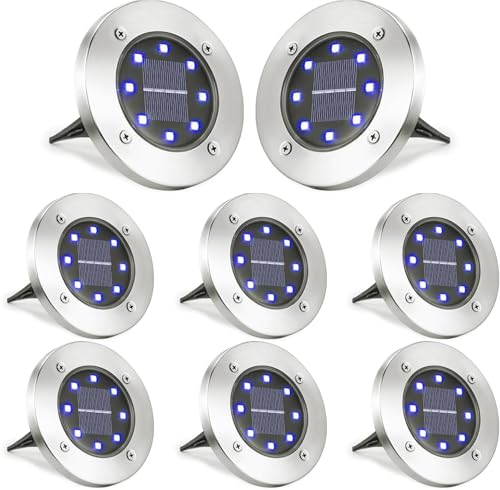 LYHOPE Solar Ground Lights Outdoor, 8 Pack 8 LED Solar Disk Lights Waterproof Garden In-ground Pathway Light Landscape Lighting for Lawn,Yard,Deck,Patio,Walkway (Blue) - color: Blue, size: 8 Pack