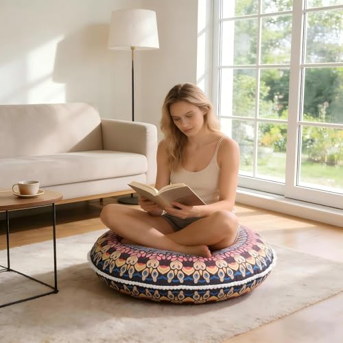 LOVMOC 32 Inch Round Floor Pillow for Adults, Large Thick Memory Foam Boho Mandala Meditation Floor Seating Cushion, Machine Washable for Living Room Outdoor Yoga Floor Sitting, Blue - color: Blue, size: 1 Count (Pack of 1)