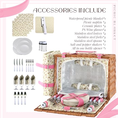 Picnic Basket Set for 4 with Waterproof Blanket Mat Insulation Bag Wicker Pink Floral Classic Fresh Gift for Christmas Thanksgiving Wedding Birthday Camp Outdoor Beach Travel - color: Pink Floral