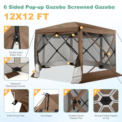 COBIZI 12x12 FT Pop Up Canopy Extendable Tent, Gazebos On Clearance, Screened in Gazebo,Screen Tents Portable carpas para Patio for Outdoor Camping,Backyard, Garden, Brown(Upgraded) - color: Brown, size: Extendable 12x12 FT Stargazer