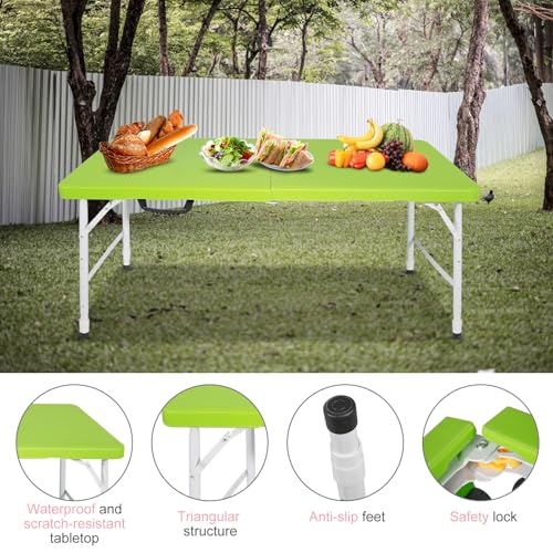 Portable 4Ft Folding Table, Heavy Duty Plastic Fold-in-Half Utility Foldable Table Small, Adjustable Height Plastic Folding Table with Carrying Handle for Camping & Party Indoor/Outdoor(Green) - color: Green, size: 4Ft
