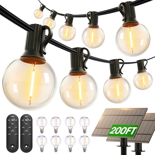 addlon 200FT(2 Pack*100FT) Solar String Lights Outdoor Waterproof with Remote, Dimmable Commercial Grade Solar Powered String Lights with 108 LED Bulbs, Hanging Light for Backyard Party Decor - size: 200ft