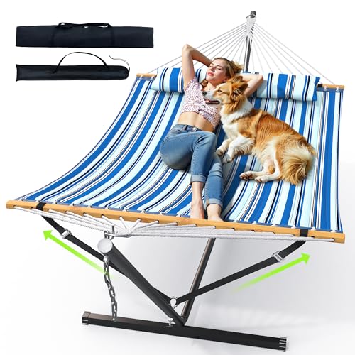 ANAGOO Double Hammock with Stand, Heavy Duty Outdoor Hammock for Two, 500 LBS Capacity, Stable Steel Frame with Balance Strap, Easy Tool-Free Assembly for Patio, Garden, Backyard & Beach,Blue - color: Blue(with Stand)