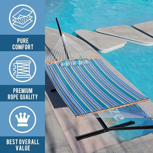Lazy Daze Hammocks 12 FT Quilted Fabric Double Hammock with Spreader Bars and Detachable Pillow, 450lbs Weight Capacity - color: Peacock Green Stripe