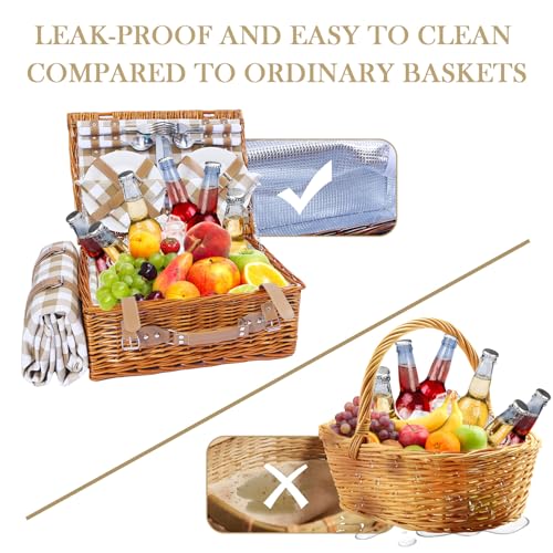 Neti Neti Wicker Picnic Basket for 4 with Insulated Cooler & Waterproof Blanket – Large Willow Picnic Hamper for Outdoor, Camping, Beach, Romantic Dates, Valentine’s Day - color: Khaki Plaid