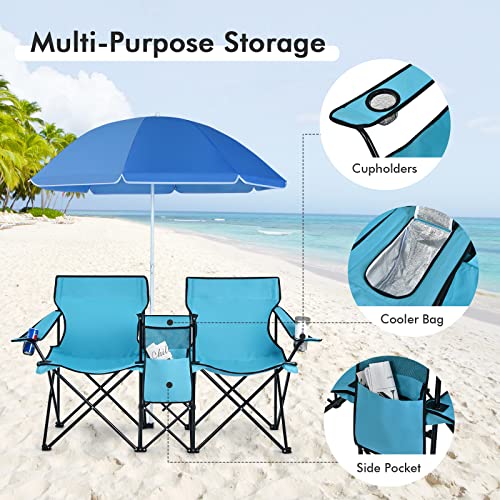 LUARANE Folding Double Camping Chair, Outdoor Picnic Chairs w/Removable Umbrella, Mini Table, Cup Holder & Carrying Bag, Portable Camping Loveseat for Patio, Pool, Lawn, Beach, Park (Turquoise) - color: Turquoise