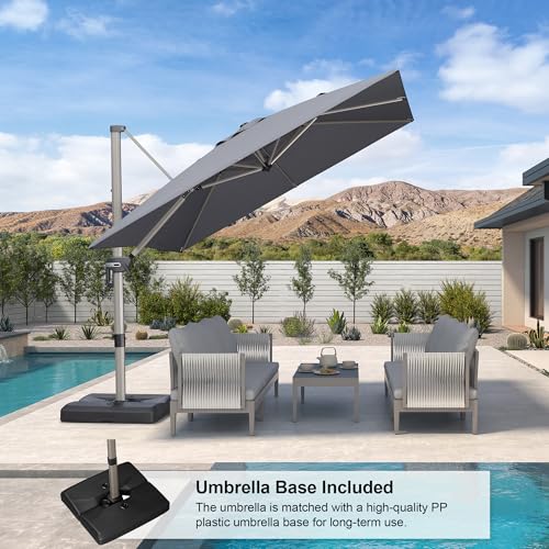 PURPLE LEAF 9FT Patio Umbrella with Base Champagne Square Cantilever Offset Outdoor Umbrella with 360 Rotation for Garden Pool, Light Grey - color: Light Grey, size: 9' x 9'