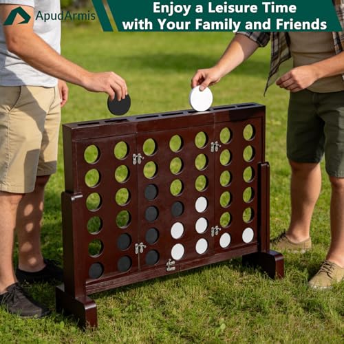 ApudArmis Wooden 4 in a Row Game, Classic Wooden 4-to-Score Game Set with Coins & Carrying Bag-Indoor Outdoor Games for Adults Family