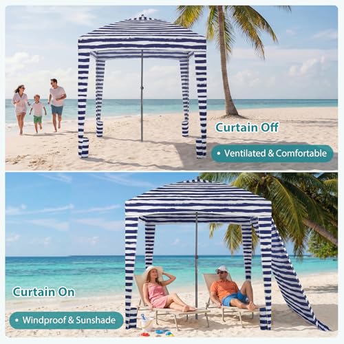 OLIXIS 6'×6' Beach Cabana Tent Sun Shelter – UPF 50+ Easy Setup Cool Canopy Tent Sun Shade with Side Wall, Wind Resistant Beach Cabana for Whole Family - color: Dark Blue Stripes, size: 6x6 ft