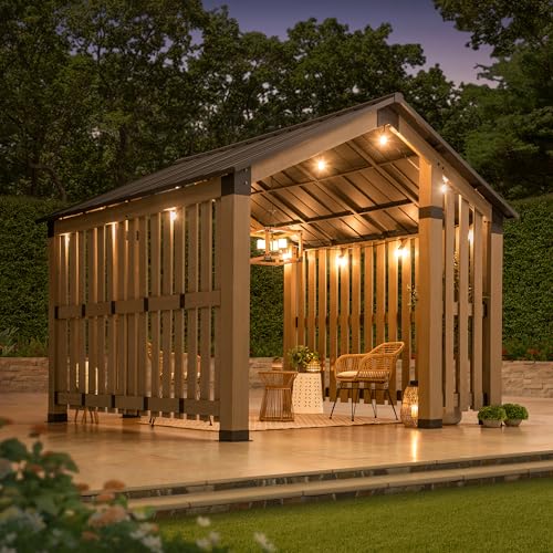 SUNJOY 11x11ft. Cedar Wood Gazebo with Six 5.5x5.5 in. Heavy Posts, Permanent Hard Top Pavilion with Wooden Privacy Screen for Backyard Hot Tub, Ceiling Hook - Outdoor Patio, Matte Black - style: Gazebo w/Privacy Screen