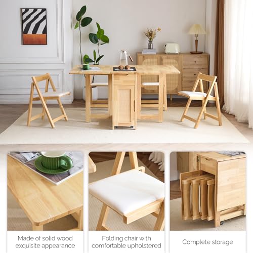 VINGLI 5-Piece Folding Dining Table Set, Extendable Drop Leaf Solid Wood Table with 4 Chairs, Drawers & Wheels, Space-Saving Design for Kitchen, Natural - color: Natural