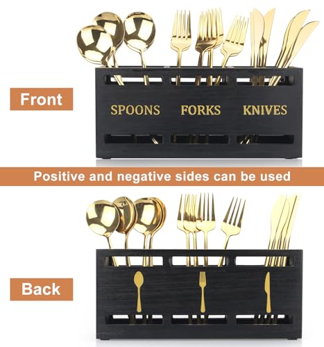 Ayiaren Wooden Cutlery Silverware Holder Flatware Utensil Caddy Black Utensil Holder for Kitchen Counter Wood Silverware Caddy Organizer for Table Countertop Spoon Knife and Fork Holder for Parties - color: Black (Gold Font)