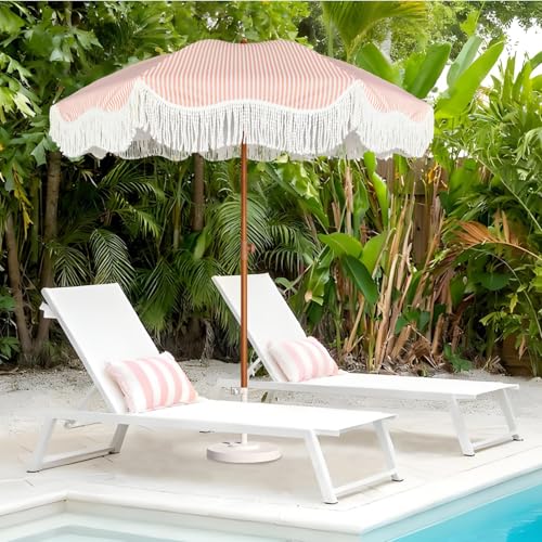 AMMSUN Boho Fringe Umbrella Outdoor Patio, 6.5ft UPF50+ Picnic Umbrella with Tassels with Steel Pole and Push Button Tilt, Pink Stripe - color: Pink Stripe
