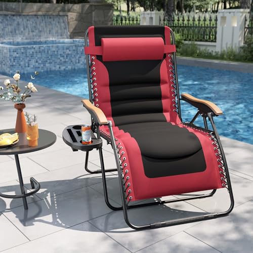 PHI VILLA XXL Oversized Padded Zero Gravity Chair, Foldable Patio Recliner, 30" Wide Seat Anti Gravity Lounger with Cup Holder, Support 400 LBS (Red) - color: Red, style: 1 Pcs