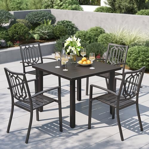 PHI VILLA 5 Piece Metal Outdoor Table and Chairs, 34.2" Metal Square Table with Umbrella Hole & Stackable Wrought Iron Chairs, All Weather Large Furniture Set for Patio, Deck, Backyard, Porch - Black - color: Hexagon Back Chair, size: 5pcs-34.2" Square Ta