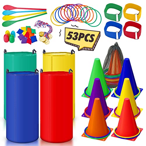 53PCS Outdoor Lawn Carnival Games Bean Bags Ring Toss Set Potato Sack Race Bags Egg and Spoon Race Party for Kid Adult Family，Birthday Party Family Reunion Outside Field Day Easter Games - color: 53PCS