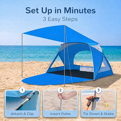 Beach Tent, Portable Sun Shelter for 2/3/4/6-8 Person with UPF 50+ UV Protection, Easy Setup Waterproof Beach Shade Canopy Cabana for Family Outdoor and Picnics, Fishing with Carrying Bag - color: Blue with Canopy, size: Spacious 4-Person