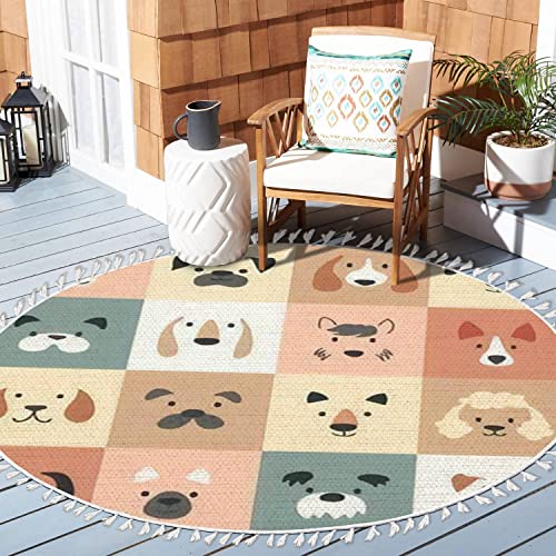 Round Boho Rug Cute Dogs for Kids and Baby Animals Nursery Poster for Greeting Cards Area Rug Linen Rug Carpet Patio Rug Hallway Runner Rug Mat Pad Minimalist Home Decor for Living Room Outdoor 6ft - color: Multi4, size: 6 ft