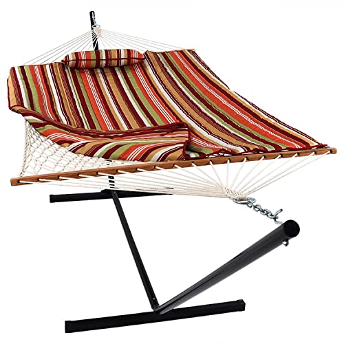 Sunnydaze Rope Hammock with Stand for Outside - Heavy Duty Freestanding Portable Outdoor Hammock Set with Quilted Pad, Pillow, and 12-Foot Steel Frame - 275 lb Capacity - Tropical Orange - color: Tropical Orange