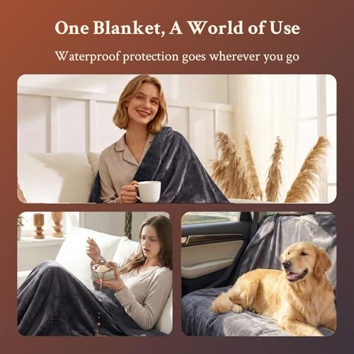 Waterproof Blanket for Couch, Sofa, Pets- Plush Water Proof Throw Blanket to Protect Furniture, Stain Resistant, Leak-Proof, Double-Sided, Reversible Flannel & Sherpa Fleece, Grey, 40"x60" - color: Grey, size: Throw (40"x60")