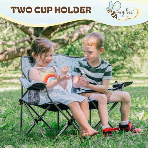 Busy Bee Oversized Kids Camping Chair with Cup Holder, High Back Toddler Chair Kids Folding Chair, Perfect for Beach & Outdoor, Supports 150 Lbs. - color: Print Bee Blue, style: Double Chair