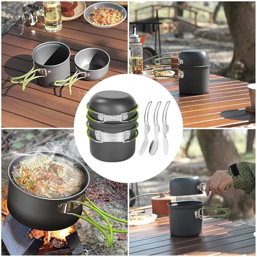 Camping Cookware Mess Kit Backpacking Pot Gear Camping Cooking Pots and Pans Set Camp Kitchen Equipment Accessories Green