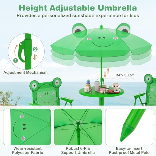 KOTEK Kids Picnic Table with Umbrella, Outdoor Table & 2 Folding Chairs, Cute Pattern Children’s Patio Furniture, Portable Kids Table and Chair Set for Backyard, Garden, Beach (Green) - color: Green Frog