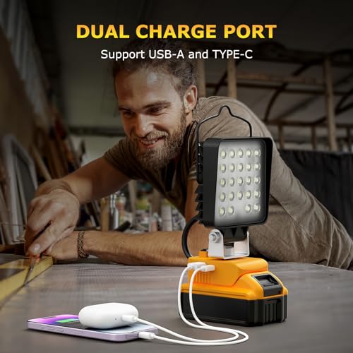 2 Pcs Cordless LED Work Light for Dewalt 20v Max Battery, 112W 11200LM Battery Light for Dewalt 20v Tools, Portable Outdoors Flood Lighting with USB & Type-C Charging Port, Low Voltage Protection - size: 11200LM - 2 Pack