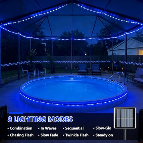 YEGUO Solar Rope Lights Outdoor Waterproof, 66ft 200 LED Blue String Lights, 8 Modes Fairy Lights in Clear Thin Tube - color: Blue